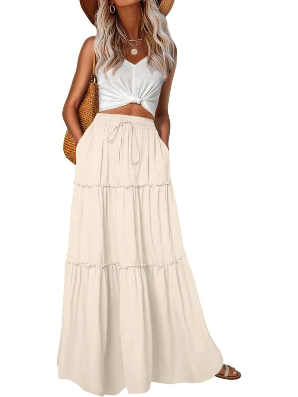 Women's Boho High Waisted Apricot Maxi Skirts Tiered Floral Long Skirts Pockets
